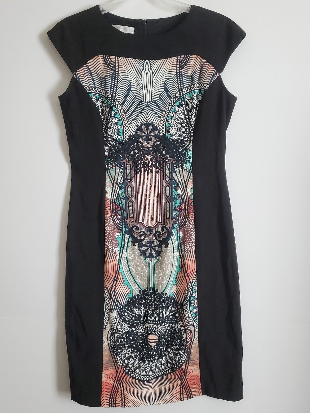 London Times Black Panel Sheath Dress Art Deco Abstract Print